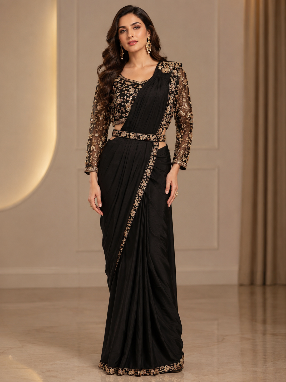 Premium Silk Pre-Draped Saree with Embroidered Blouse & Waist Belt – Classic Black